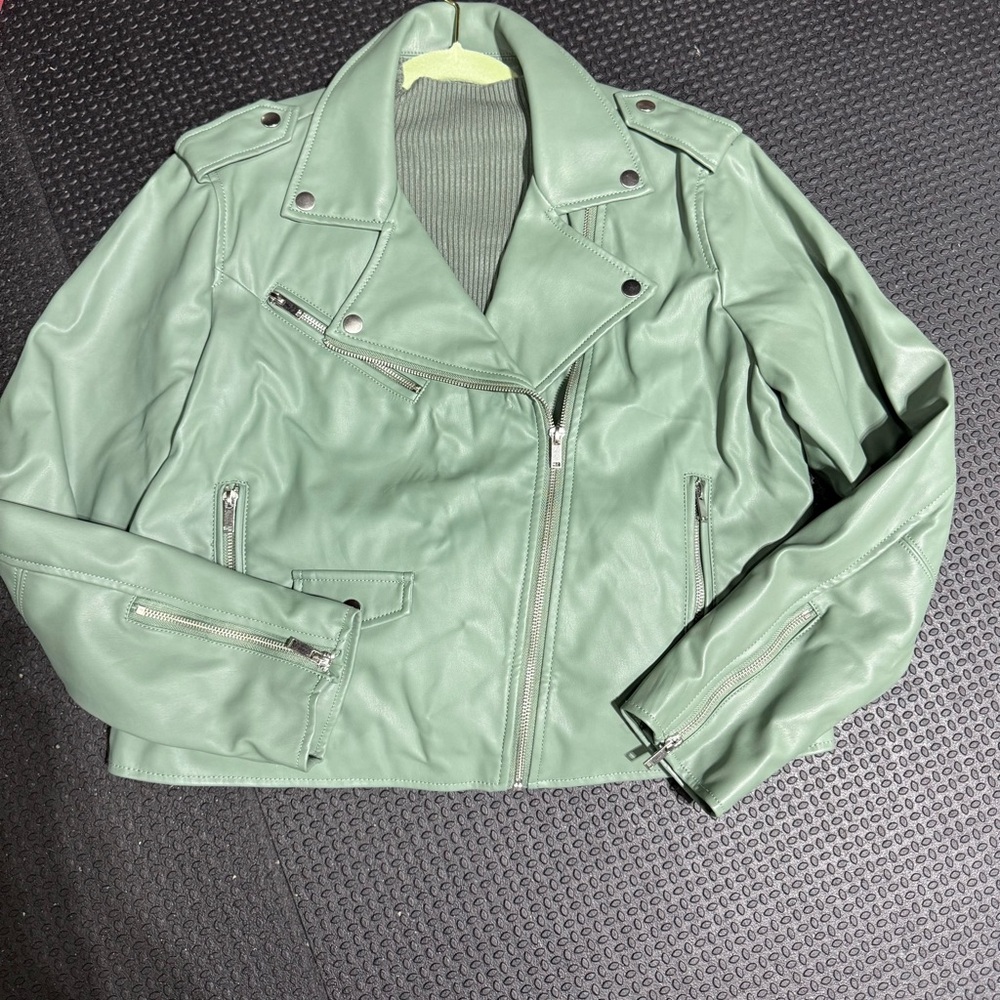 Nine West Sage Leather Moto Jacket with Silver Hardware